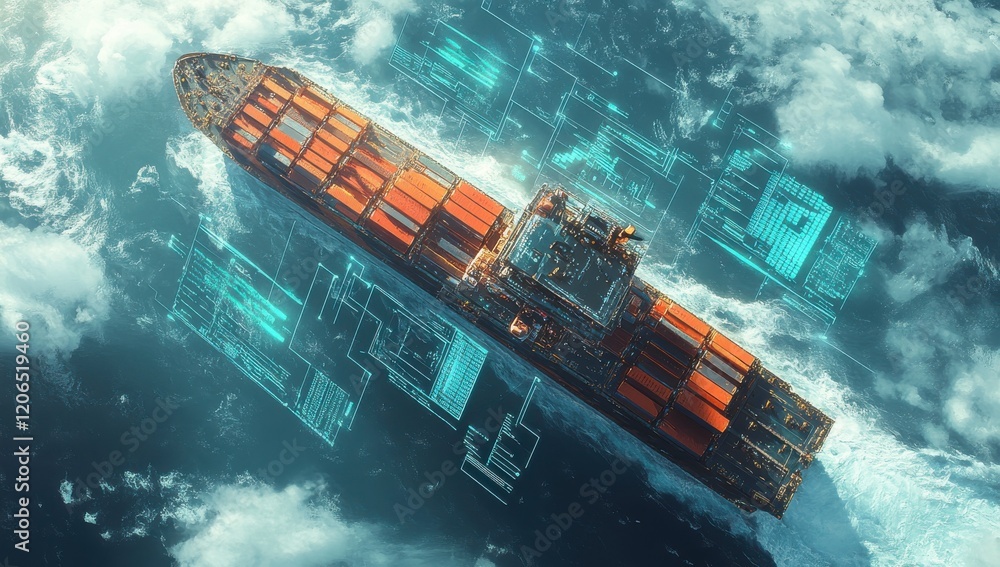 Poster aerial view of a container ship navigating through turbulent waters with futuristic digital graphics