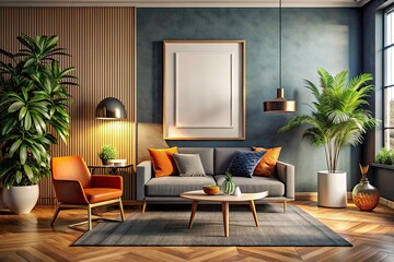 3D Rendered Mockup Poster Frame Interior Design, Modern Home Decor, Realistic Room Scene, Empty Frame, Wall Art Showcase