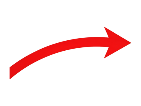 Bright Red Curved Arrow on transparent Background Pointing Right

