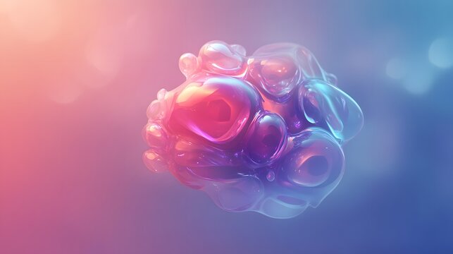 Abstract iridescent glass blob formation in pink and blue