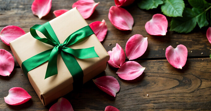 Gift Box with Scattered Rose Petals on Wooden Surface