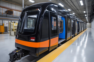 Inside the polished black metro car, the unique interior design offering modern transit comfort