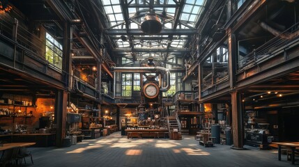 Industrial interior of a vintage workshop showcasing machinery, tools, and warm lighting