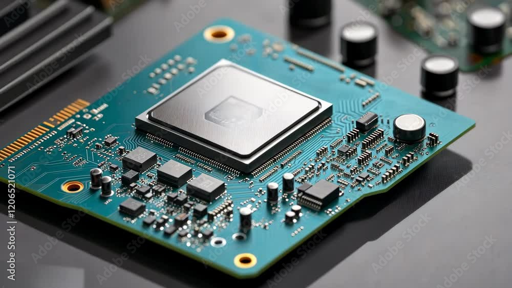 Poster close-up of a computer circuit board showcasing intricate components and a central processing unit i