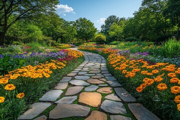 Beautiful flower garden with colorful marigolds, stone path, vibrant green trees, clear blue sky, bright sunlight, wide-angle view, tranquil nature scene.