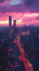 Fototapeta premium Vibrant cityscape at sunset with illuminated roads and skyscrapers.