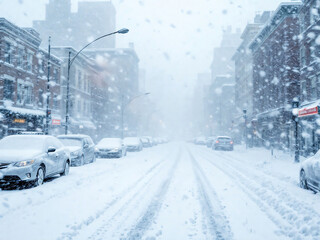 Obraz premium Violent Nature: Blizzard - Heavy Snowstorm Engulfs City Street. Snowflakes Falling, Cars And Buildings Covered In Snow. Harsh, Icy Winter Scene With Empty Roads.