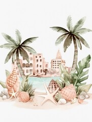 Watercolor illustration depicting a tropical island featuring palm trees seashells and a serene beach landscape with clear blue skies and ocean waves
