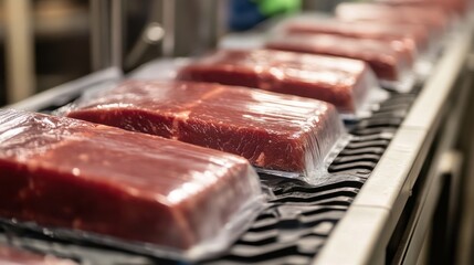 Fototapeta premium Freshly packaged beef cuts arranged neatly on a conveyor belt in a processing facility