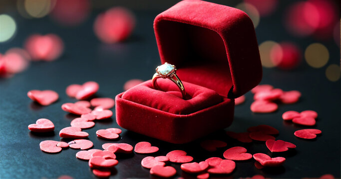 Open Velvet Box with Gold Engagement Ring and Romantic Red Confetti