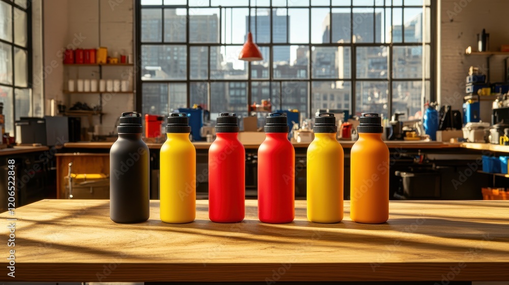 Poster vibrant collection of colorful bottles on a wooden table in a bright workshop setting