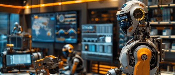 Fototapeta premium Advanced tech lab robots assemble intricate machinery. Real-time analytics displayed on monitors. High contrast between robotic components and digital displays. Future of automation.