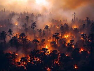 Violent Nature: Wildfire - Inferno Engulfs Forest On Hillside, Uncontrolled Blaze Spreading Through Trees Amidst Smoke And Flames, Highlighting Environmental Catastrophe.