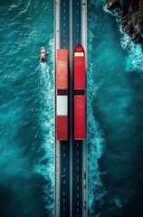 Aerial View of Cargo Ships and Small Boat Navigating through Turquoise Waters of a Scenic Ocean Channel with Vibrant Waves and Coastal Landscape