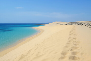 Sandy Dunes Leading to a Sparkling Blue Oasis, A Beautiful Desert Landscape to Explore