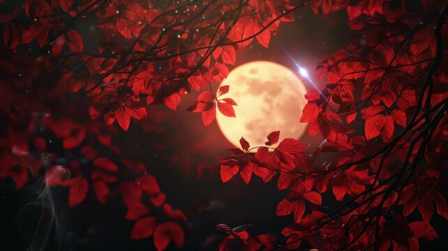 a beautiful full moon night behind the lush red leaves that are very graceful and enchanting. seamless looping time-lapse virtual 4k video Animation Background.	