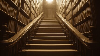 Fototapeta premium Grand Wooden Staircase in Historic Library Setting