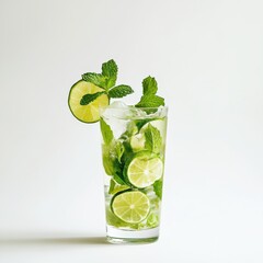 A refreshing Mojito with lime slices and mint leaves, showcased against an isolated white background, minimalism art style