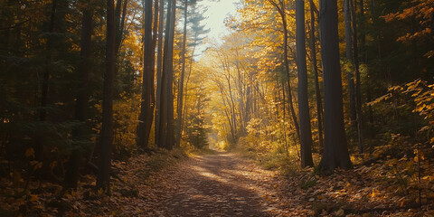 Naklejka premium Sunlight Filtering Through Trees on an Autumn Forest Path