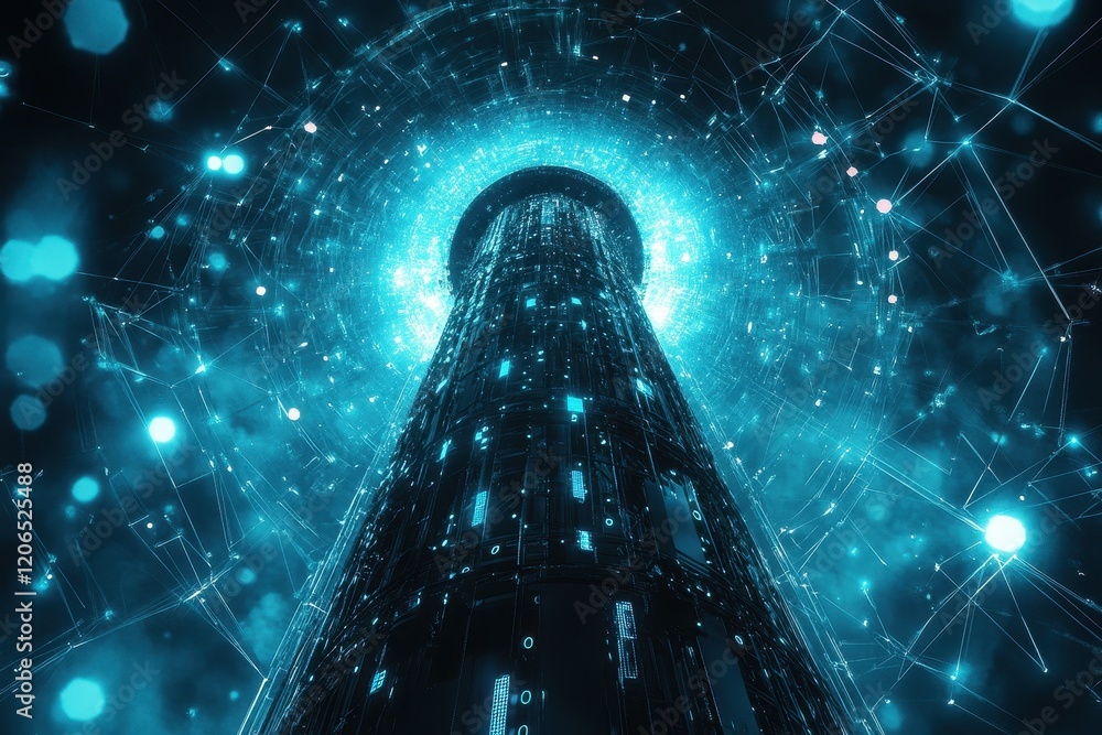 Poster futuristic tower glowing with cyan digital network. ideal for tech, ai, and data concepts.