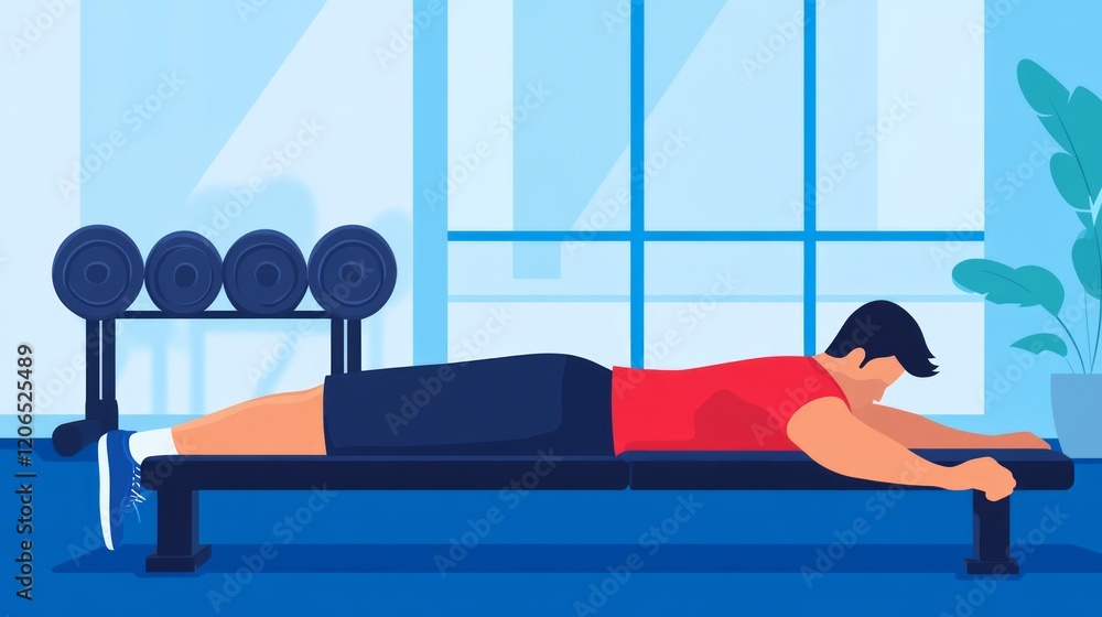Aufkleber fitness enthusiast engaged in plank exercise on weight bench in modern gym environment with dumbbell