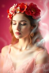Naklejka premium Serene woman in floral crown, pink dress.