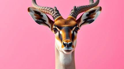 Close-up portrait of an antelope against a pink background.
