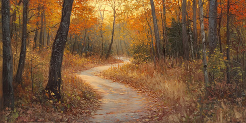 Fototapeta premium Forest Path in Autumn Sunlight