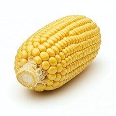 A fresh ear of yellow corn with kernels intact on a white background.