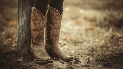 Rustic Brown Leather Cowboy Boots by Wooden Post in Autumnal Field