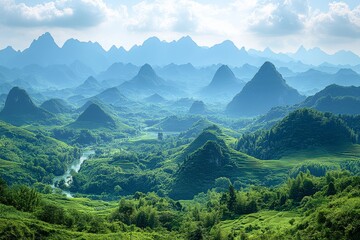 Obraz premium Guilin, Guangxi landscape with green mountains, rivers, rice fields in valleys, and unique peaks, viewed from a high altitude under a bright sky with white clouds.