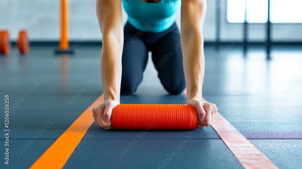 Aufkleber fitness enthusiast using an orange foam roller on gym floor during stretching routine to enhance fle