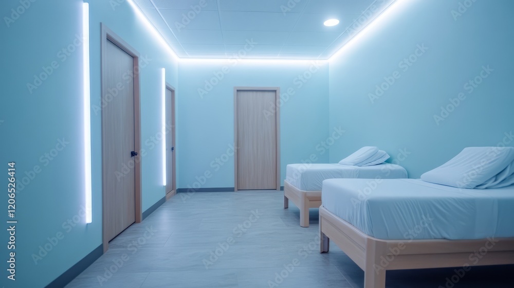 Poster modern and minimalist room with two single beds in a relaxing atmosphere, featuring soft lighting an