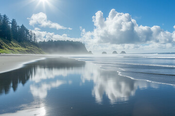 Obraz premium Wet Sand Reflecting the Bright Sunlight - A Captivating Beach Scene Filled with Natural Light