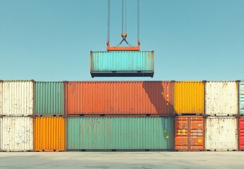 Colorful Shipping Containers Stacked in a Port with an Overhead Crane Lifting a Container Against a Clear Sky for Maritime and Industrial Projects