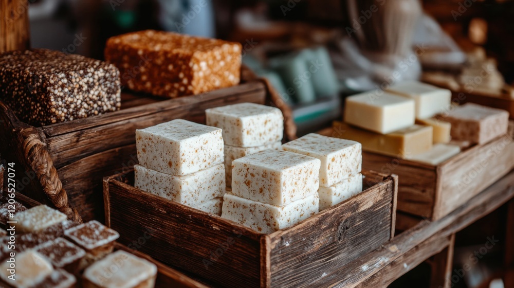 Poster assorted handmade soaps displayed in rustic wooden crates at a vibrant market setting