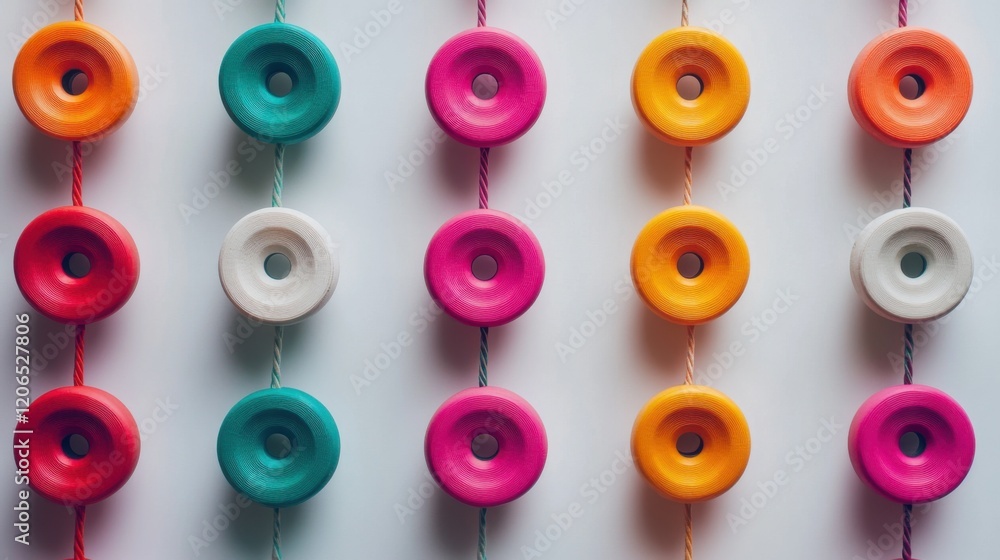 Poster colorful arrangement of circular objects hanging on strings against a neutral background