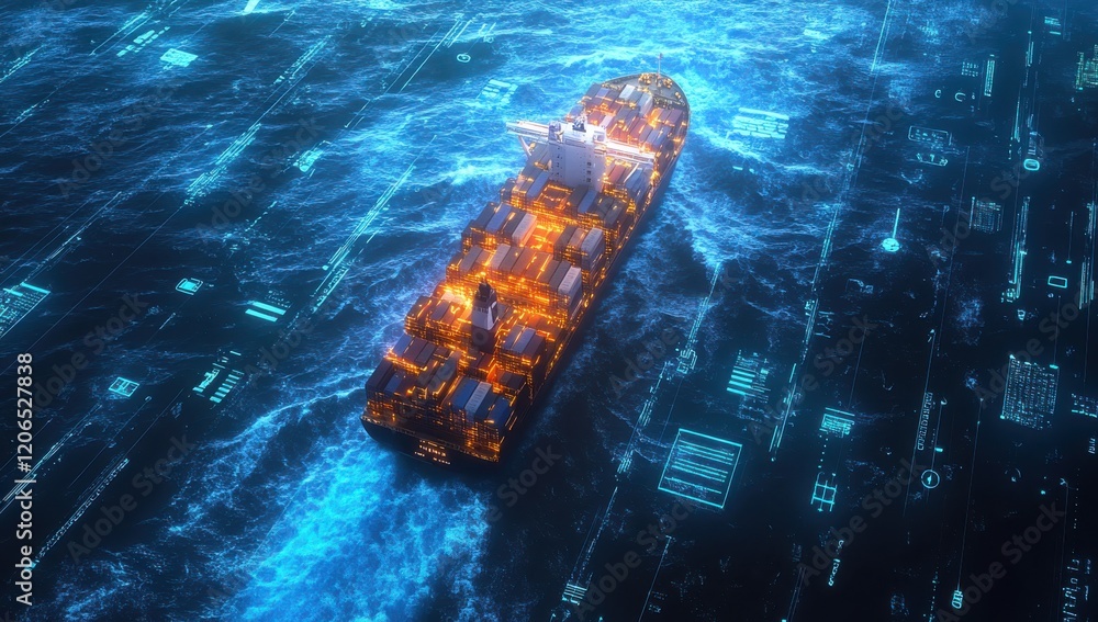 Poster container ship navigating through futuristic digital ocean with glowing data streams representing te