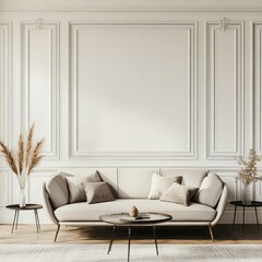 Fototapeta premium Timeless Elegance: A Mock-Up Living Room with Stylish Decor and a Minimalist Wall Backdrop