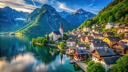 Fototapeta premium Hallstatt Lake Aerial View: Summer in the Austrian Alps - Scenic Mountain Village Photography