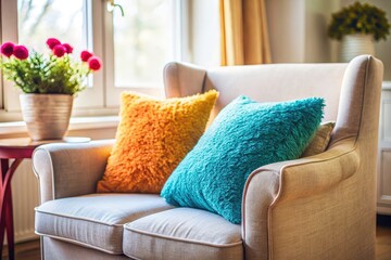 Cozy Living Room: Soft Pillows on Light Armchair - Home Decor Photography