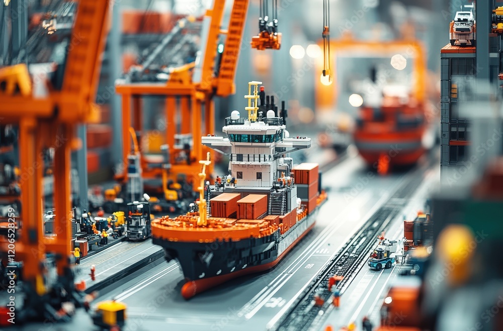 Poster detailed model of a port scene with container ship and cranes showcasing docking operations in busy 