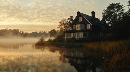 Obraz premium Rustic lakeside house at sunrise, misty lake. Perfect for real estate, travel, or home websites.