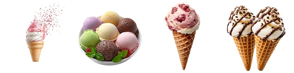 Food isolated collection. Delicious assortment of ice cream cones and a bowl of colorful ice cream, perfect for summer treats and desserts.