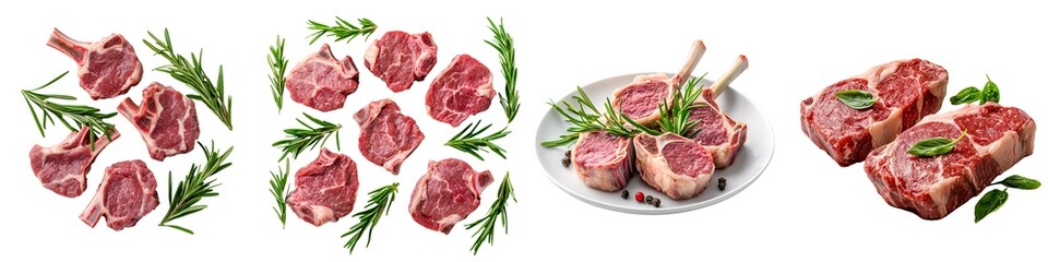 Obraz premium Food isolated collection. Various cuts of raw meat arranged with fresh herbs, showcasing different presentation styles on a plate.