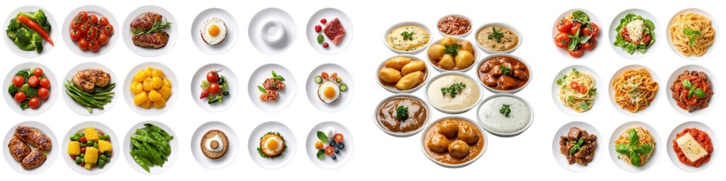 Food isolated collection. A vibrant array of diverse dishes artfully arranged on plates, showcasing various cuisines and ingredients for a culinary feast.