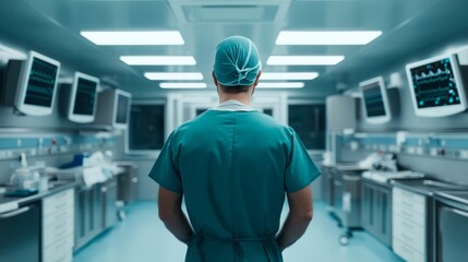 Professional Surgeon in Scrubs Preparing for Surgery in a Modern Operating Room with Advanced Medical Equipment and Monitors for Patient Monitoring