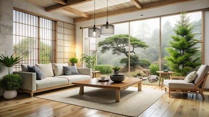 Japandi Interior Design: Double Exposure Photography - AI Generated Images, Minimalist Home Decor, Modern Japanese Style, Scandinavian Simplicity
