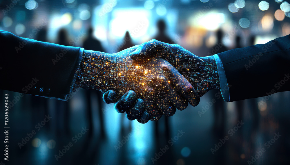 Poster a captivating visual of two hands shaking, merging human connection with digital innovation, symboli