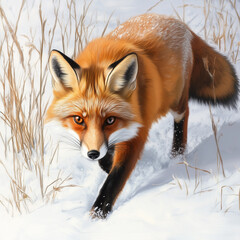 Obraz premium Red Fox Hunting in a Snowy Meadow for a Captivating Winter Wildlife Experience